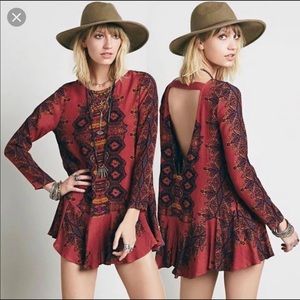 Free People Smooth Talker Mini Tunic Boho Dress Rust Red Paisley Ruffle Hem